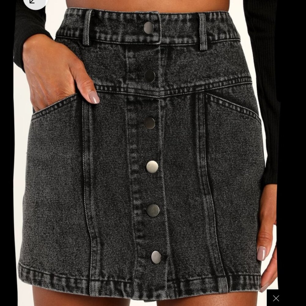 Lulu's Real Babe Black High Waisted Button-Up Denim Mini Skirt